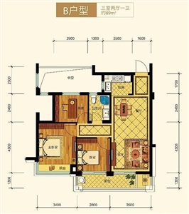 滨江金色黎明大二期B-3号楼2单元02室3室2厅1卫1厨 89.00㎡