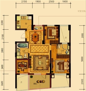 天鸿香榭里B2户型3室2厅2卫1厨 86.00㎡