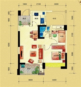 东海柠檬郡A3户型2室2厅1卫1厨 65.00㎡