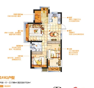 润和橙家1#A1-01户型图2室1厅1卫1厨 88.00㎡